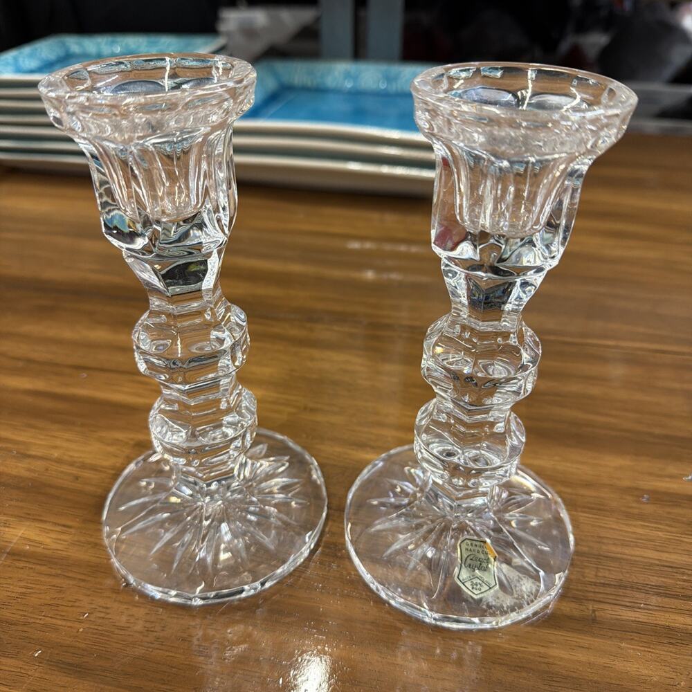(2) Genuine Hand Cut Lead Crystal Candle Holders Made In Poland 24% Pbo 7in Tall
